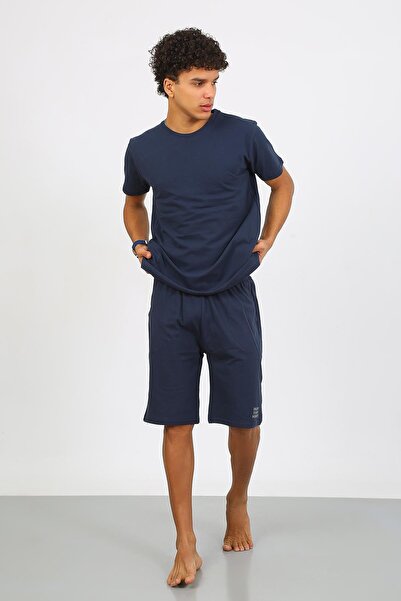 Akbeniz Men's Cotton Lacoste Bottom Top Capri Pajamas Suit Navy Blue 6872