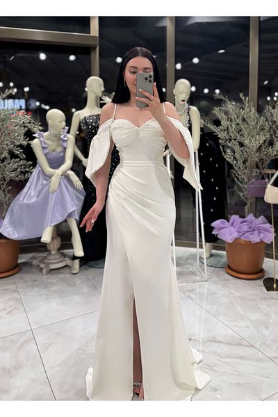 missswans Βραδινό φόρεμα Liviya με μακρύ μήκος με μανίκια λευκό