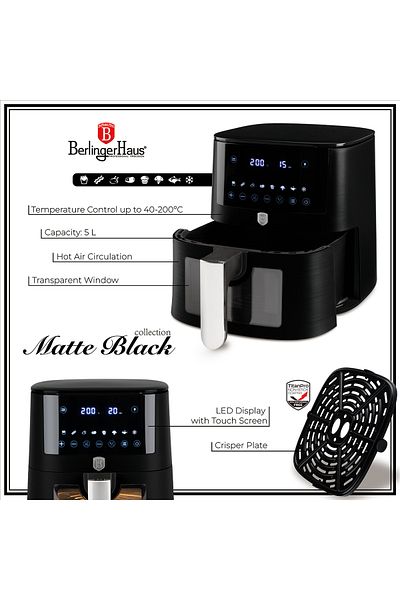 Berlinger Haus Friteuză cu aer BerlingerHaus - Colecția Matte Black, 5L, Digitală, LED, 1400W, Neagră, Fereastră