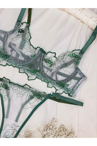 ROZENİN LINGERIE Sevgililer Günü Özel Yeşil Romantik Çiçek Desenli Transparan...