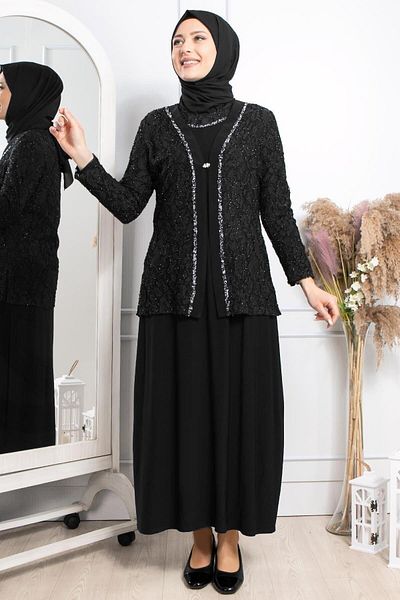 SUBU TASARIM Embroidered Jacket Detailed Evening Dress Suit Black Tbsmda2306