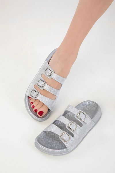 NOVİNS Women's Shiny Three-Striped Buckle Lightweight and Comfortable Sole Casual Slippers Beach Pool Slippers