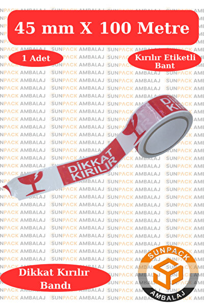 sunpack ambalaj Dikkat Kırılır Yazılı Koli Bandı 45mm X 100m (1 Adet) - Hassa...