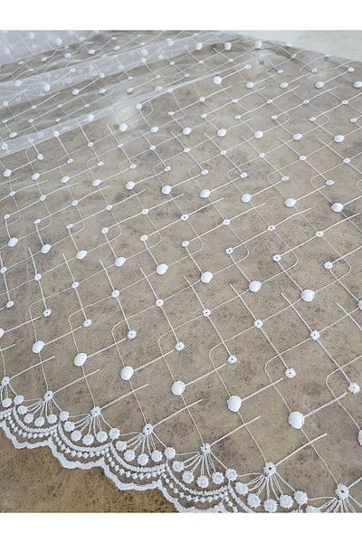 METERİAL White Geometric Patterned Tulle Lace Fabric with Border – 135 cm | For Modern Evening Dresses and Decorative Designs