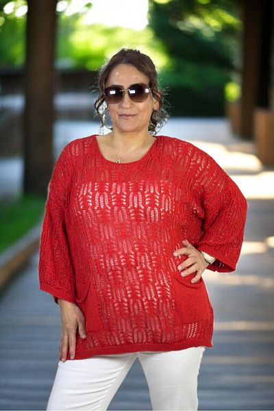 yagmurberen Crew Neck Slit Spanish Sleeve Openwork Double Pockets Italian Mercerized Large Size Blouse Sweater