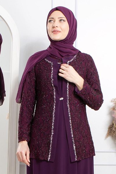 SUBU TASARIM Stone Embroidery Detailed Glitter Evening Dress Plum Tbsmda2317