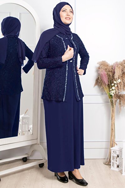 SUBU TASARIM Stone Embroidery Detailed Glitter Evening Dress Navy Blue Tbsmda2317