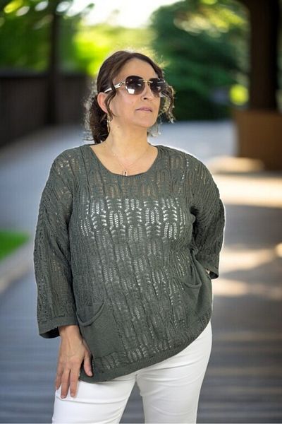 yagmurberen Crew Neck Slit Spanish Sleeve Openwork Double Pockets Italian Mercerized Large Size Blouse Sweater