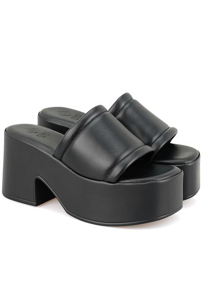Desa Women's Black Thick Heeled Leather Slippers