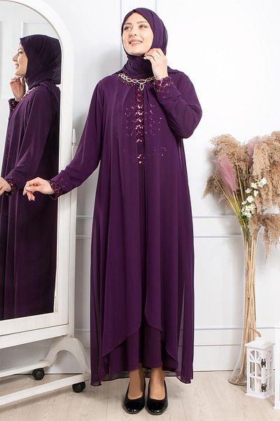 SUBU TASARIM Stone Embroidery Detailed Sequined Dress Plum Tbsmda2301