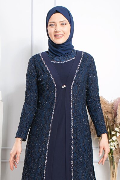 SUBU TASARIM Stone Embroidery Detailed Evening Dress Navy Blue Tbsmda2315