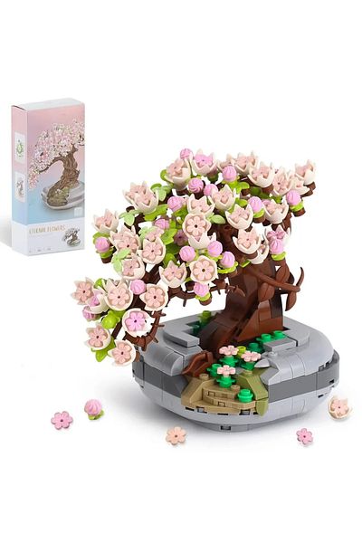 AMAZINGBLOKS With Box Sakura Potted Bouquet Building Blocks Plant Bonsai Succulent Model Bricks Desktop Ornaments