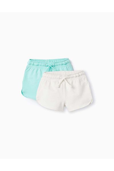 Ziddy 2 Cotton Shorts for Baby Girls, White/Green Water