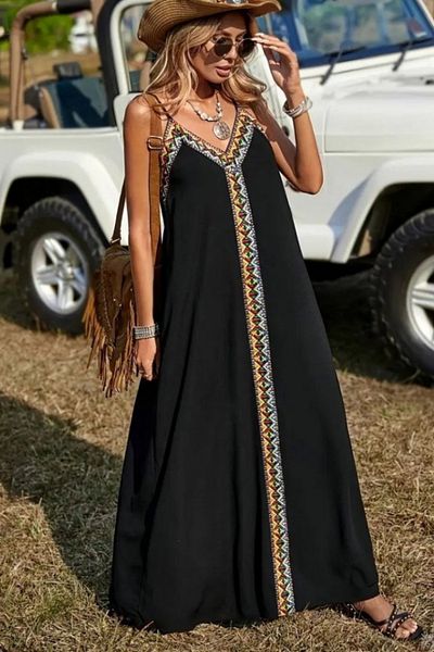 Viyamo Nou sezon rochie maxi pentru femei, cu decolteu în V, model etnic, cu detaliu în dungi