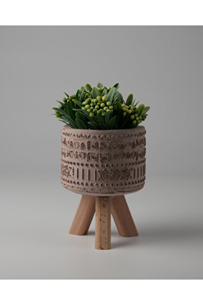 Kaju Creative Dekoratif Beton Saksı -Aztec 7,5x12 0.25L Küçük Ahşap Ayaklı Saksı