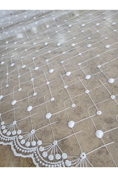 METERİAL White Geometric Patterned Tulle Lace Fabric with Border – 135 cm | For Modern Evening Dresses and Decorative Designs
