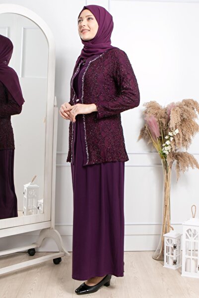 SUBU TASARIM Stone Embroidery Detailed Glitter Evening Dress Plum Tbsmda2317
