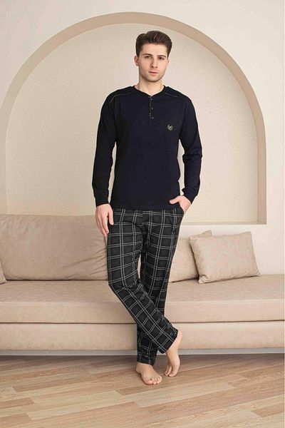 Tarık Men's 100% Cotton Half Button Smoked Long Sleeve Plaid Pattern Pajama Set