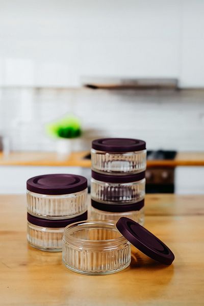 ZURİ DESİGN 6-Piece Airtight Glass Breakfast Set - 140 Cc |   Purple Lid, Leakproof Storage Container