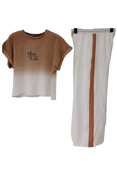 İrem Çocuk Giyim Girl's You Cute Brown Double Color T-Shirt Side Stripe Pants Set of Two