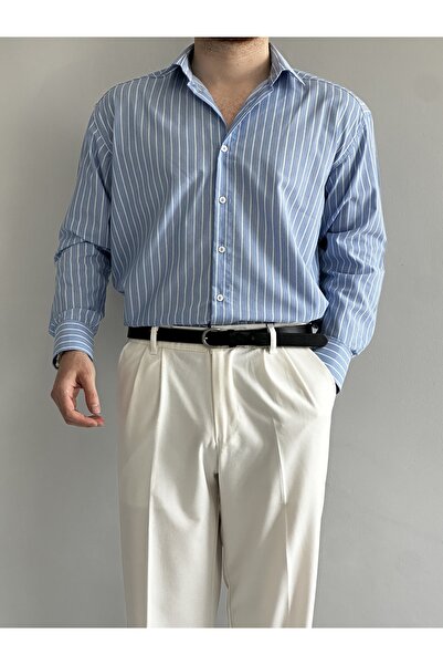 MENOFOURSWEAR Açık Mavi Çizgi Detaylı Oversize Gömlek