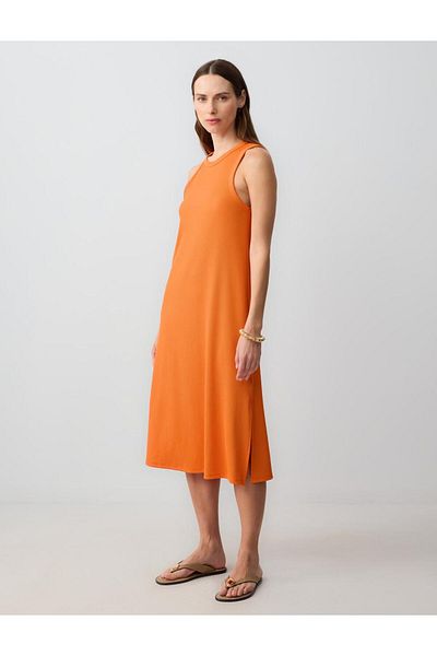 Jimmy Key Orange Relaxed Cut Sleeveless Crew Neck Knitted Midi Dress