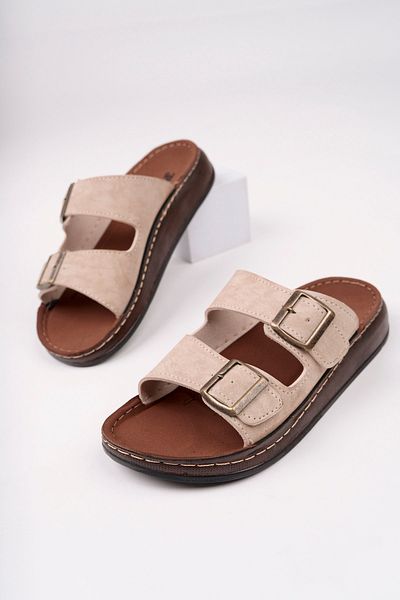 McDark Men's Beige Faux Leather Double Buckle Orthopedic Slippers