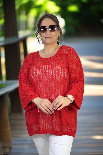 yagmurberen Crew Neck Slit Spanish Sleeve Openwork Double Pockets Italian Mercerized Large Size Blouse Sweater