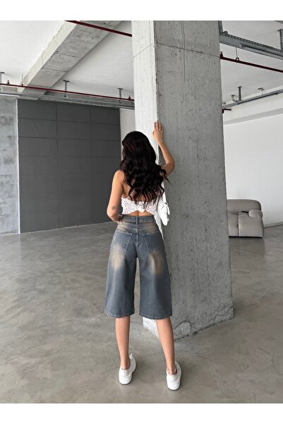 Swet Shop Jeans Kadın Yüksek Bel Soluk Efektli Vintage Bol Kesim Geniş Paça Baggy Denim Bermuda Şort
