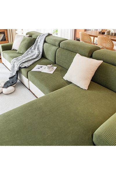 Choice19 L-shaped Green Thicken Stripe Jacquard Stretch Removable Sofa Seat Cushion Cover Washable for Living