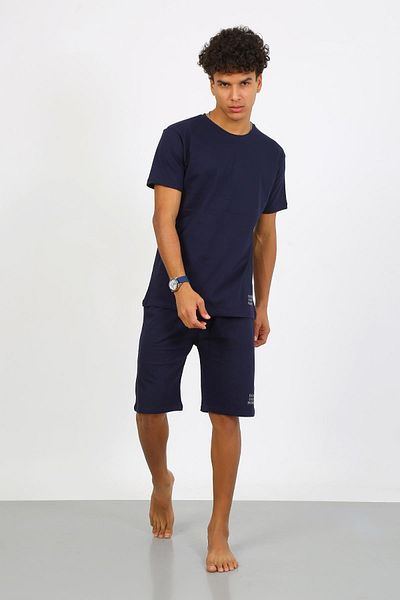 Akbeniz Men's Cotton Lacoste Bottom Top Capri Pajamas Suit Navy Blue 6873