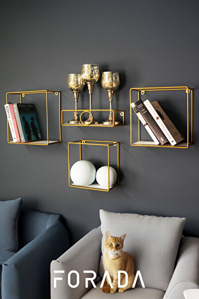 Forada Home & Style Dekoratif Kompakt Laminant Raflı 4'lü Metal Duvar Rafı Seti