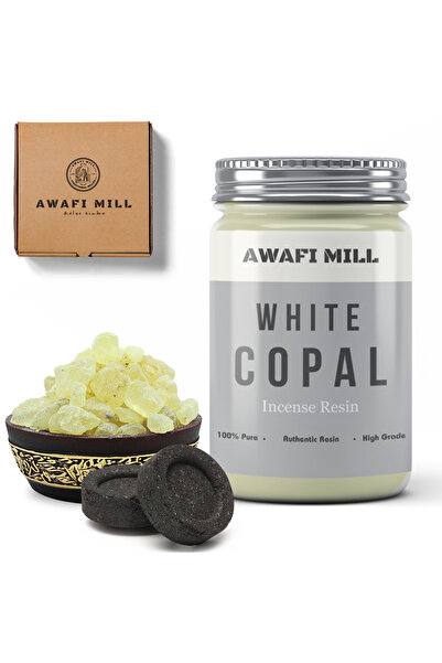 AWAFI MILL كوبال أبيض مع أقراص فحم - زجاجة 100 جرام مع 20 قطعة فحم