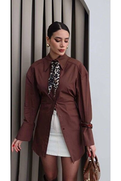 shcenco "Fularlı Uzun Boy Gömlek – Kahverengi "