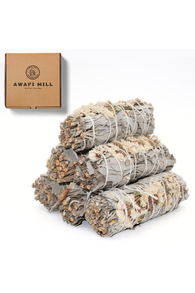 AWAFI MILL عصا دهن المريمية البيضاء مع زهور السينواتا البيضاء - عبوة من 3 أعواد