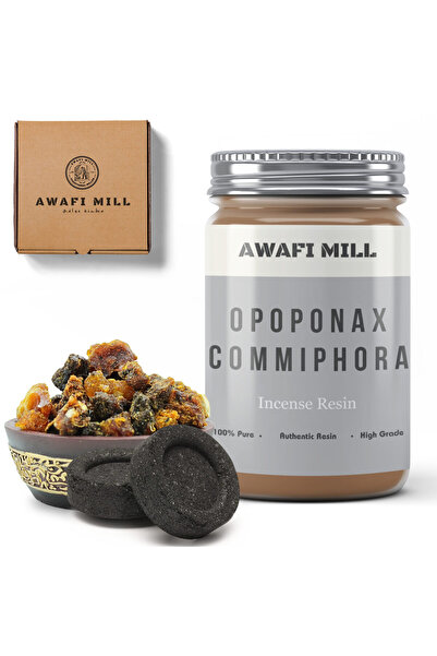 AWAFI MILL أقراص راتنج أوبوبوناكس مع الفحم - زجاجة ١٠٠ غرام مع ٢٠ قطعة فحم