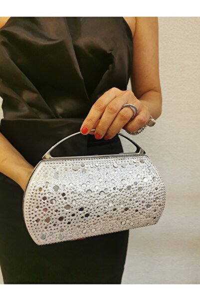 Soave Collection Rochie de seară pentru femei, argintiu strălucitor, cu lanț, geantă pentru petrecere de noapte de nuntă