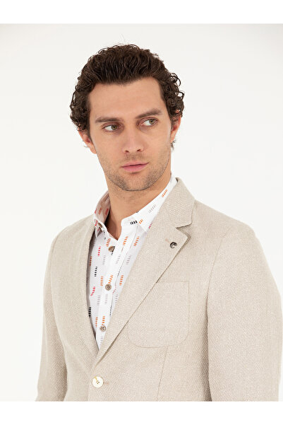 Cacharel Ekru Slim Fit İpek Keten Karışımlı Ceket 50264753-VR019