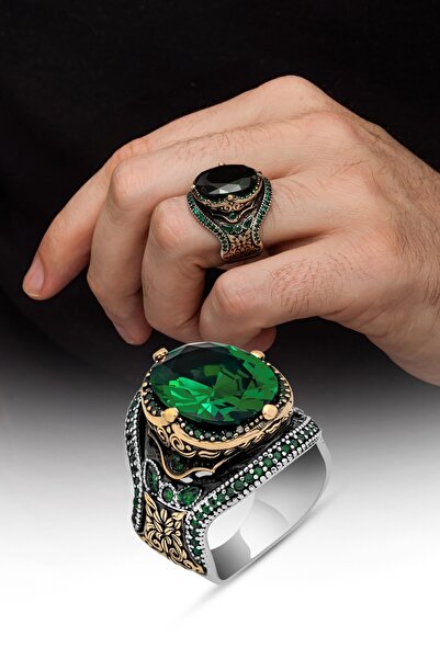 ALYANSEVİM Yeşil Taşlı Oval 925 Gümüş Erkek Yüzük