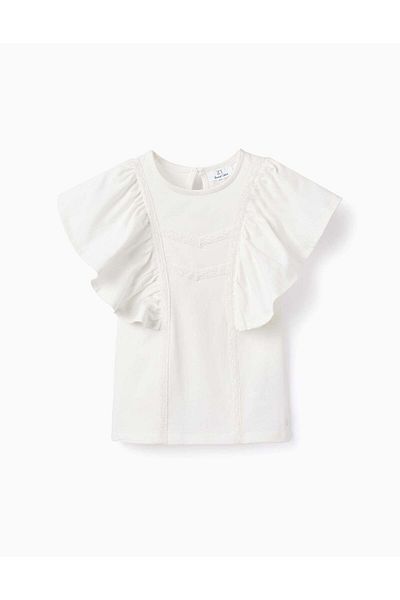 Ziddy T-shirt with Frills and Lace for Girls 'B&S', White