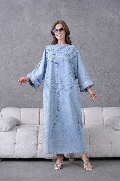 Miss Allos Women's Sequin Embroidered Wide Fit Long Denim Dress