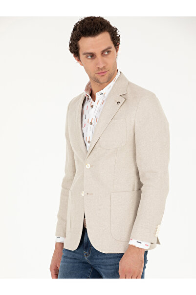 Cacharel Ekru Slim Fit İpek Keten Karışımlı Ceket 50264753-VR019