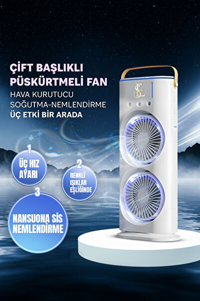 EN SİGA Şarjlı Su Püskürtmeli Iki Pervaneli Serinletici Vantilatör Döner Kumandalı Masa Kamp Ofis Ev Fanı