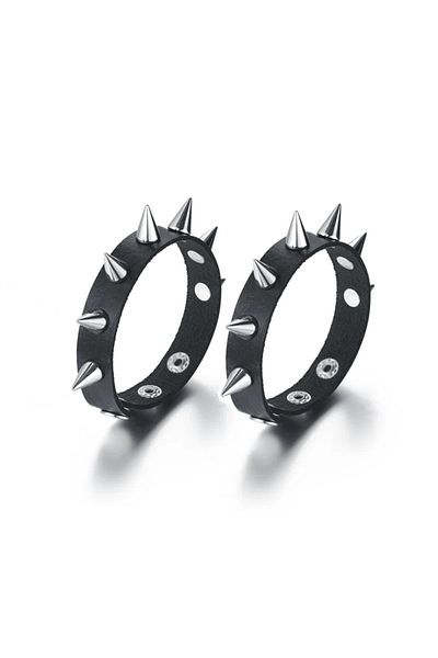 Choice 2pcs Single Row Punk Bracelet For Men Women - Goth Black Leather Wristband With Metal Spike Studded-