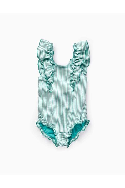 Ziddy Striped Swimsuit with Ruffles for Baby Girls, Green/White