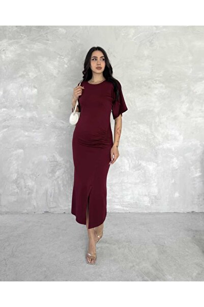YAKAMOZ34BUTİK MODAL KUMAŞ ÖNDEN YIRTMAÇLI BÜZGÜLÜ ELBİSE