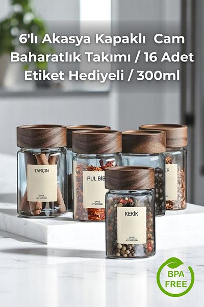 Sevinse Home Set of 6 Acacia Lid Glass Spice Shakers / 16 Tags Gift / 300ml