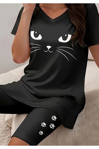 Little Visqon Women's Short Sleeve V-Neck Cat Pattern Viscose Two Thread Blouse and Shorts Two-Piece Set