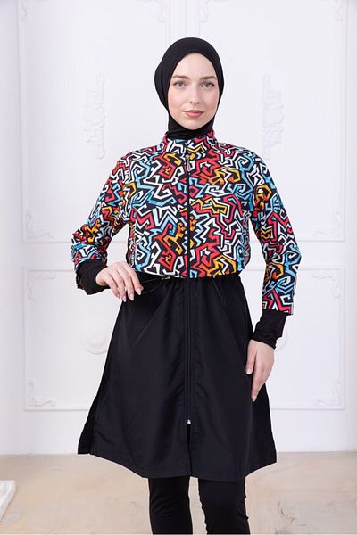 SAYRA Shawl Black Geometric Patterned Hijab Swimsuit