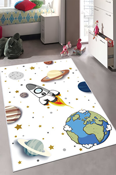 VOPTEKS Beyaz Çocuk Odası Halısı Leke Tutmaz Makinede Yıkanabilir Kaymaz Taba...